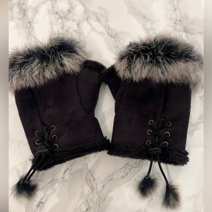Suede Faux Fur with Natural Fur Trimming Brown Fingerless Gloves
